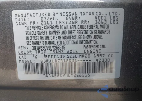 2020 Nissan Sentra Sv Xtronic Cvt z USA, uszkodzony, nr VIN 3N1AB8CV9LY268515